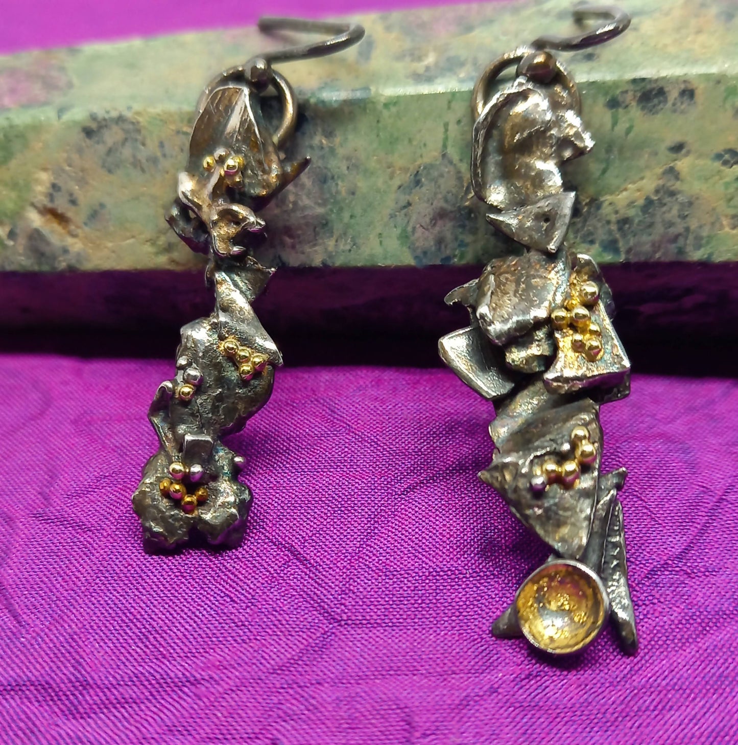 Gold and Oxidised Silver Drop Earrings