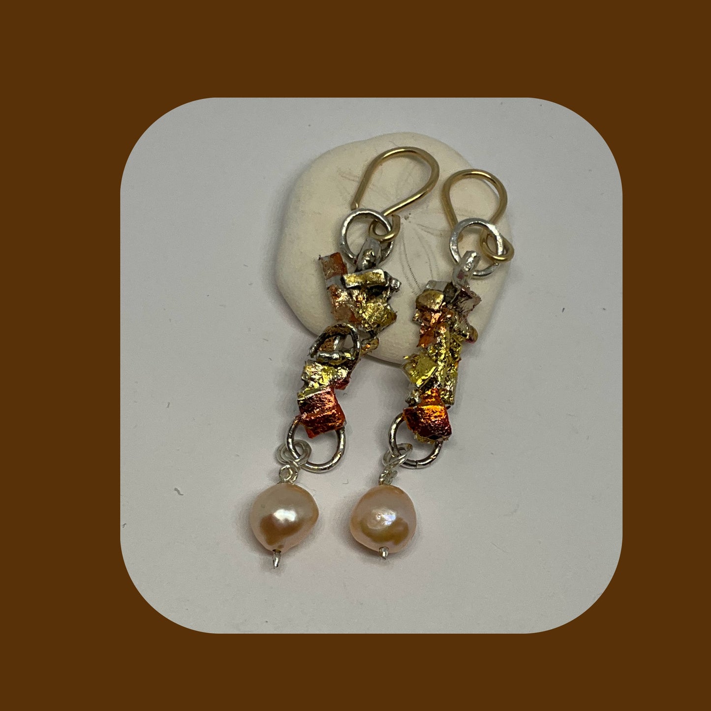 Gold ,Copper and Silver Drop Earrings with Keshi pearls