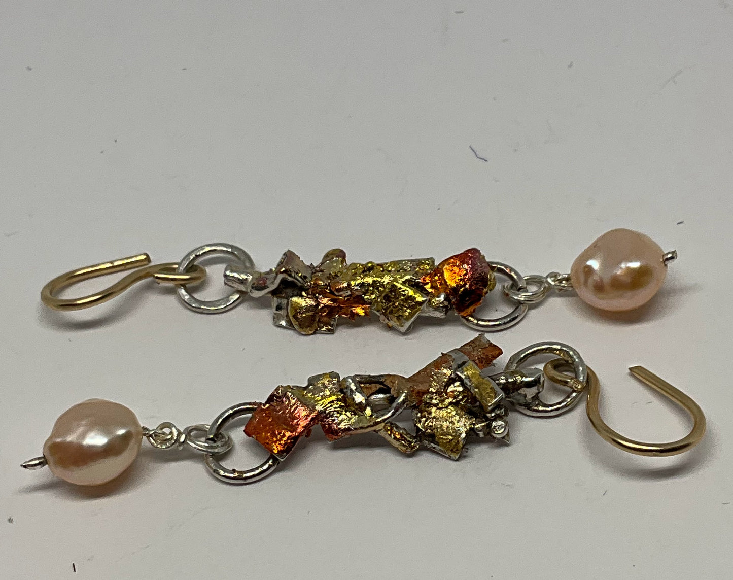 Gold ,Copper and Silver Drop Earrings with Keshi pearls