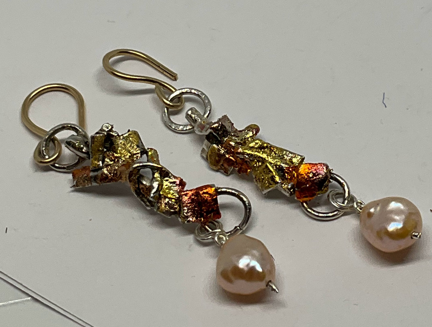Gold ,Copper and Silver Drop Earrings with Keshi pearls