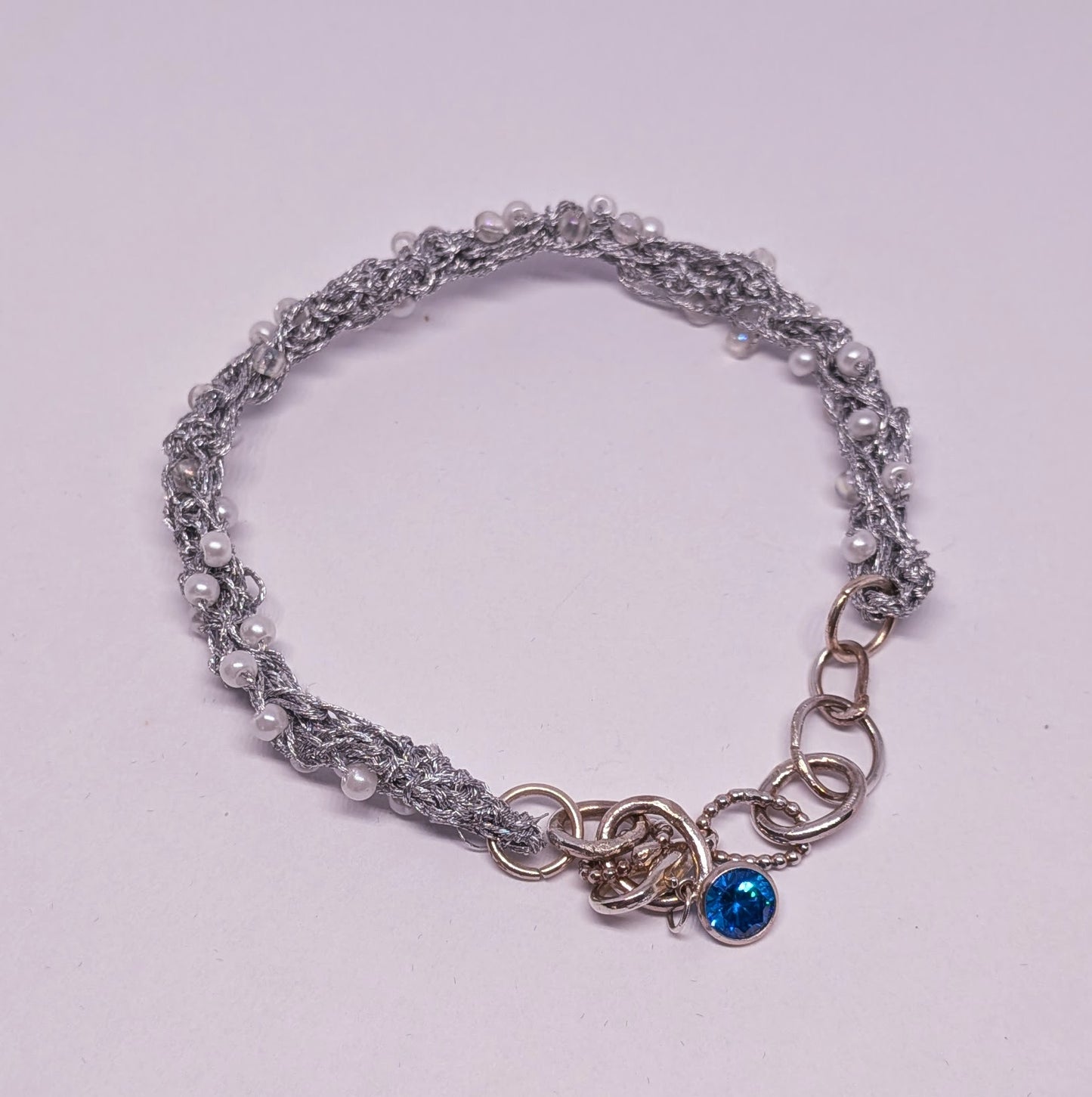 Silver Thread Bracelet with small beaded pearls and Sterling Silver Charm