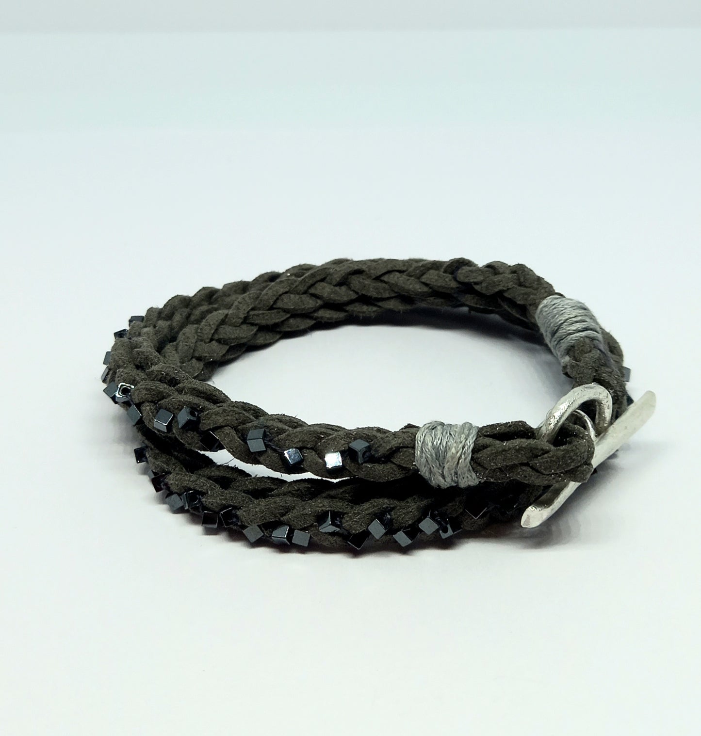 Black Haematite and Grey Suede Leather Wrist Bracelet.