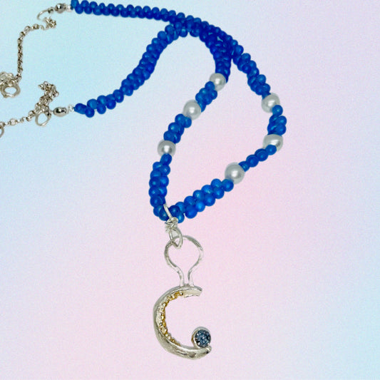 Blue, Silver, 9ct Gold Pearl Necklace.