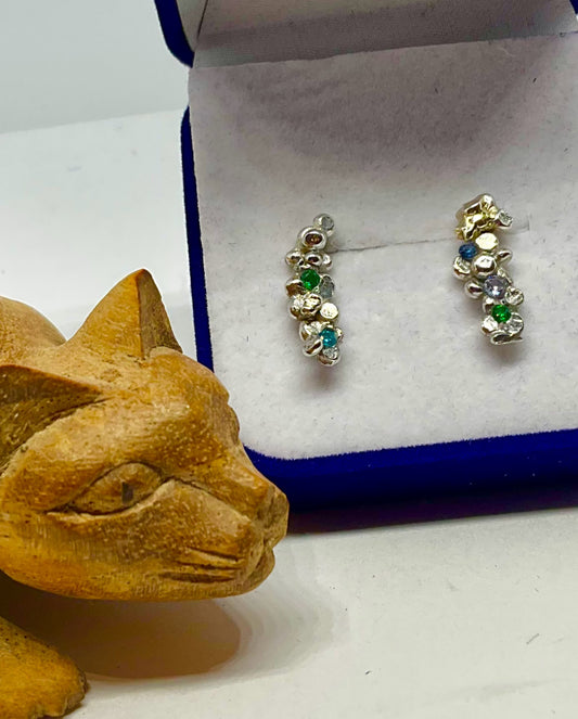 Sterling Silver and C.Z Tanzanite and Teal Ear Studs