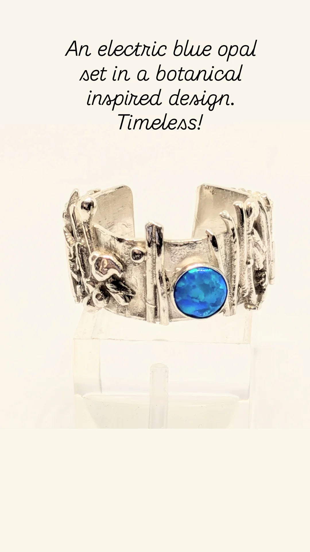Electric Blue Opal set in Botanical Inspired Silver Ring.