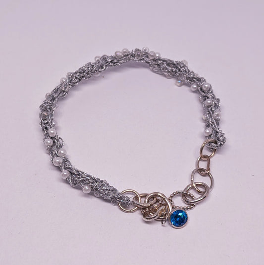 Silver Thread Bracelet with small beaded pearls and Sterling Silver Charm