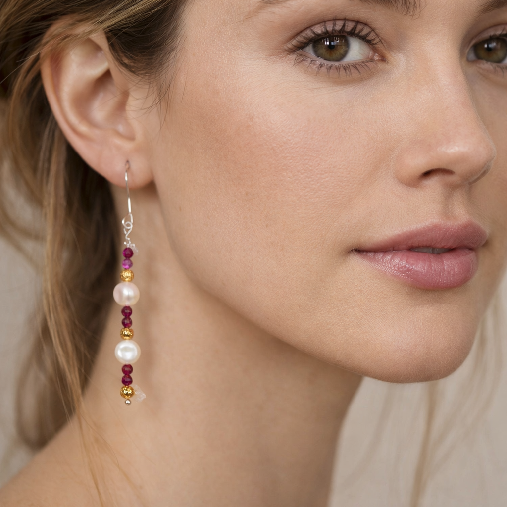 Gold ,Silver and Ruby Drop Earrings
