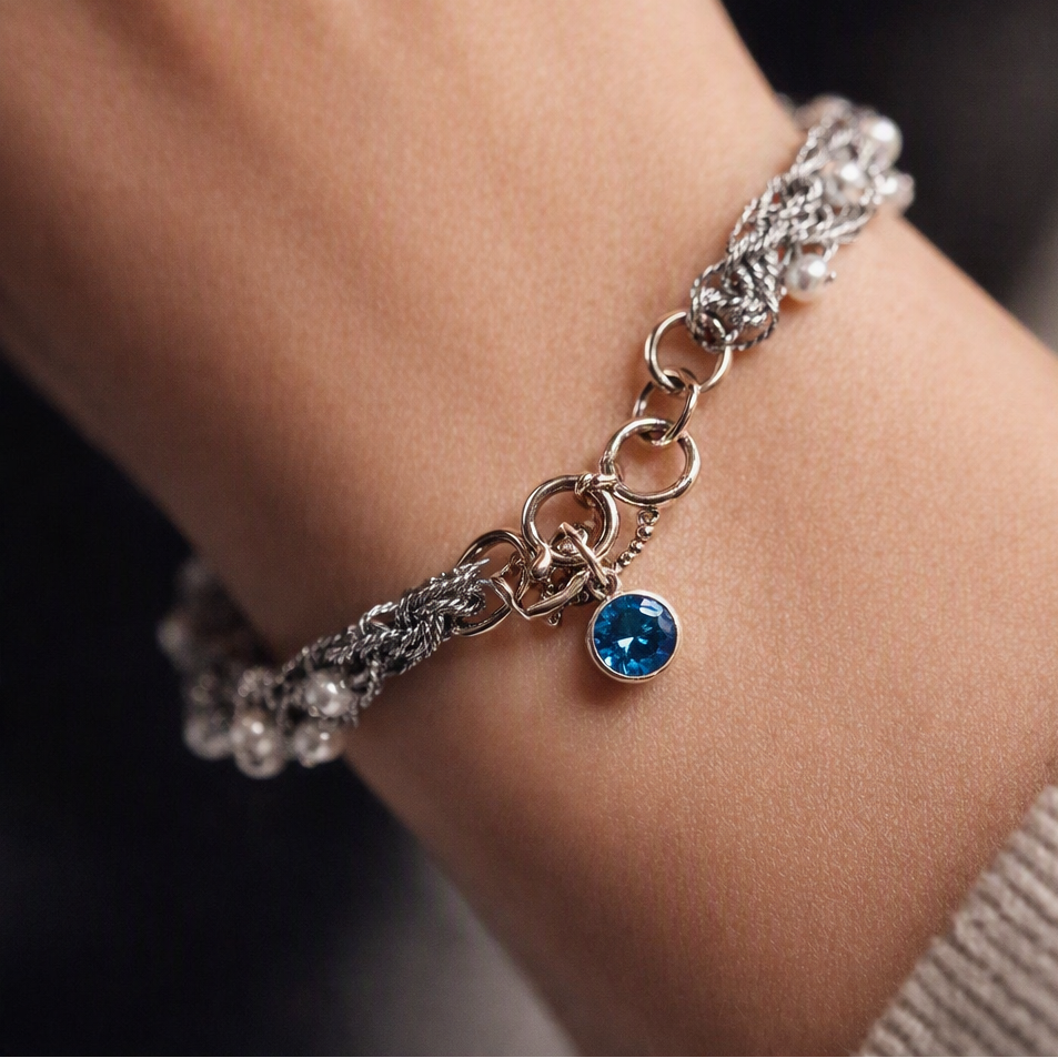 Silver Thread Bracelet with Small Pearls and Blue C.Z on Clasp