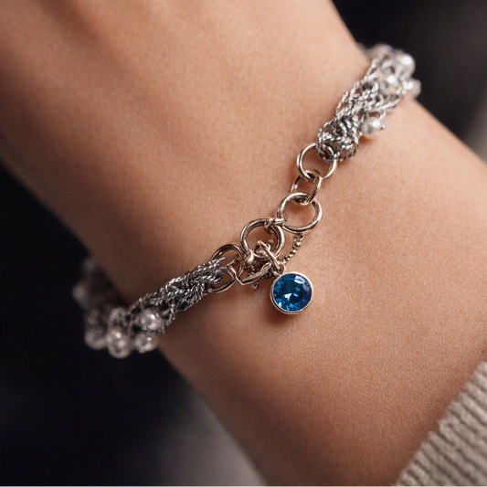 Silver Thread Bracelet with Small Pearls and Blue C.Z on Clasp